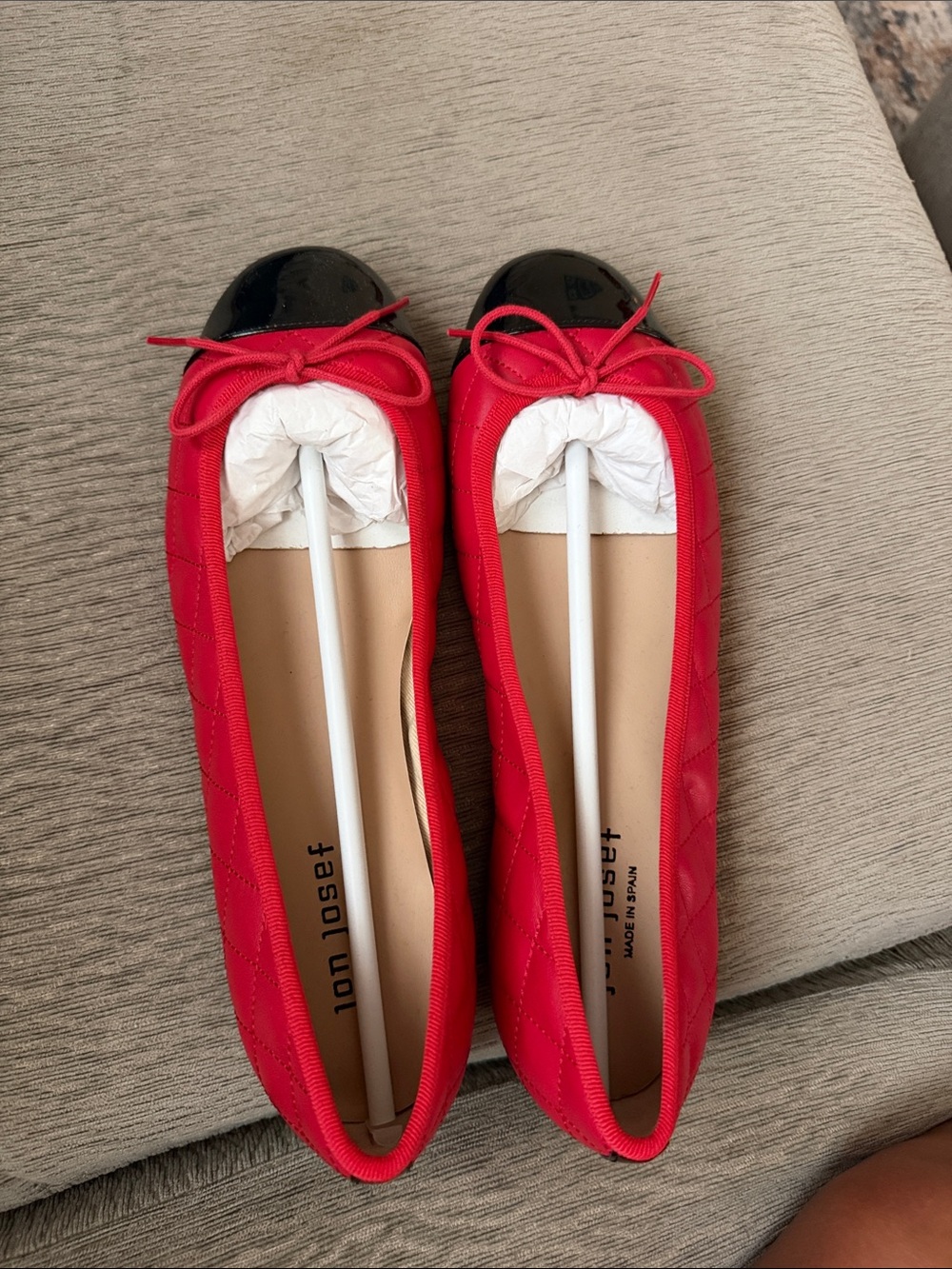 Red Quilted Ballet Flats with Black Cap Toe
